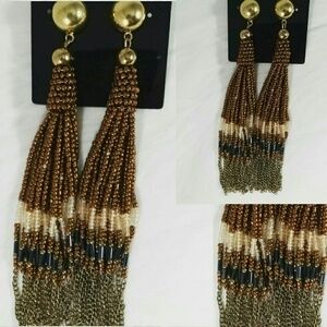 Button Stud Gold Moca Beaded Tassel Earrings